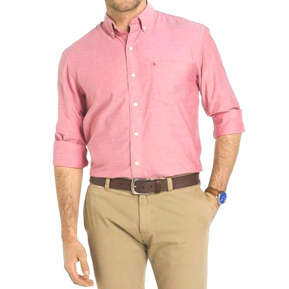 Izod Men's Long Sleeve Button Down Solid Oxford Dark Saltwater Red Size XL